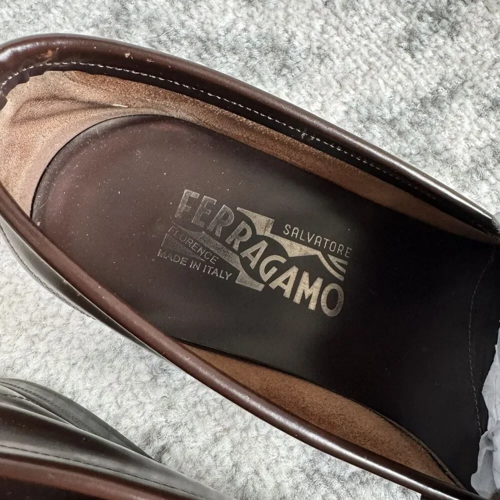 Salvatore Ferragamo Brown Patent Leather Black Gancini Bit Slip On Loafer 9 Shoe